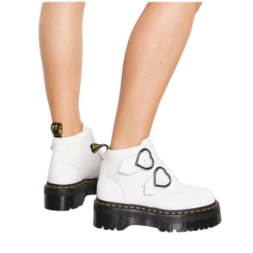 Dr. Martens White Leather Heart-Buckle Platform Ankle Boots